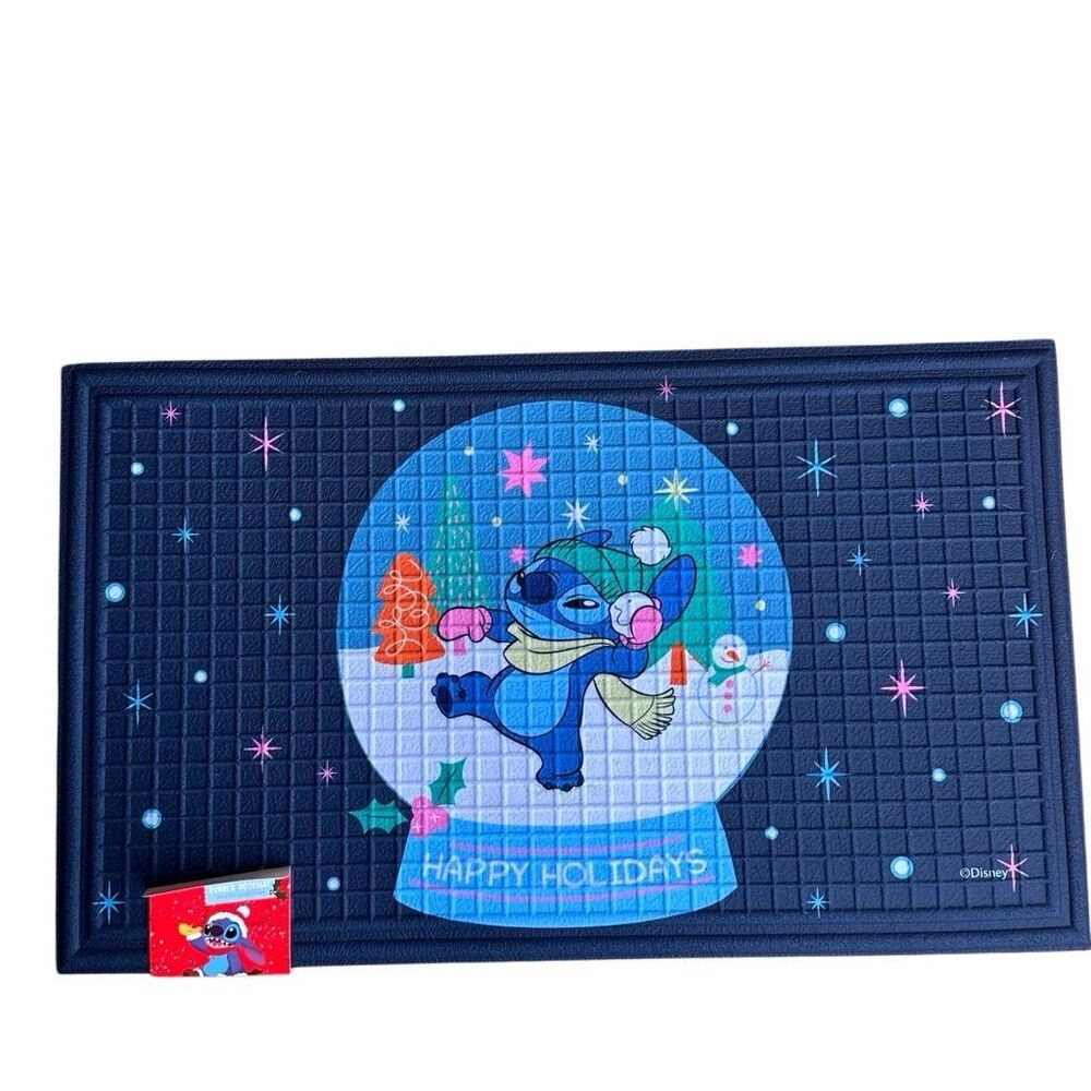 Disney stitch Christmas happy holidays blue rubber doormat rug 18x30 NWT